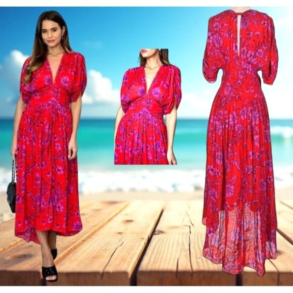 Band of Gypsies Hi Low Dress Small Red Pink Flowers Stretch Waist Festive READ - Picture 1 of 12